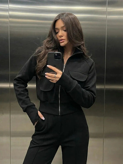 Damen Sweatanzug Warm Praktische Taschen Hoher Kragen Eveloria