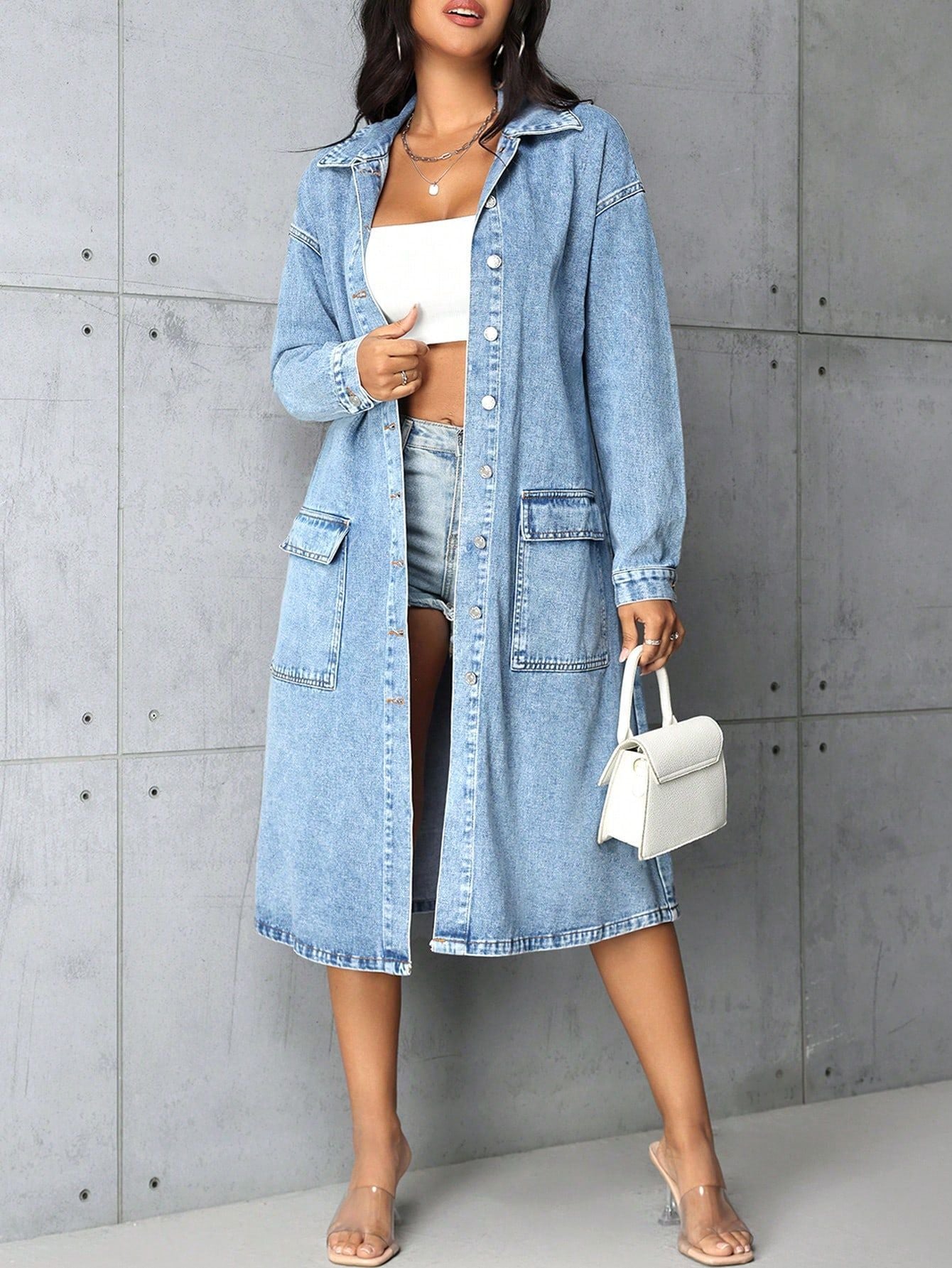 Damen Jeansjacke Vintage-Stil mit Taschen und Knöpfen
