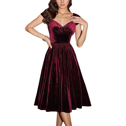 Damen Samt-Kleid Midi tiefes V-Neck elegante Taille