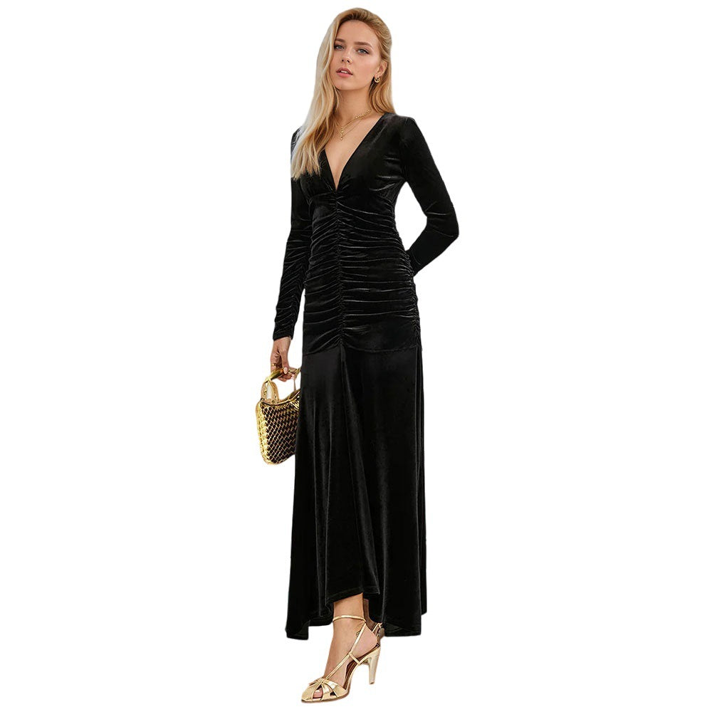 Damen Maxikleid V-Ausschnitt Raffung Eveloria