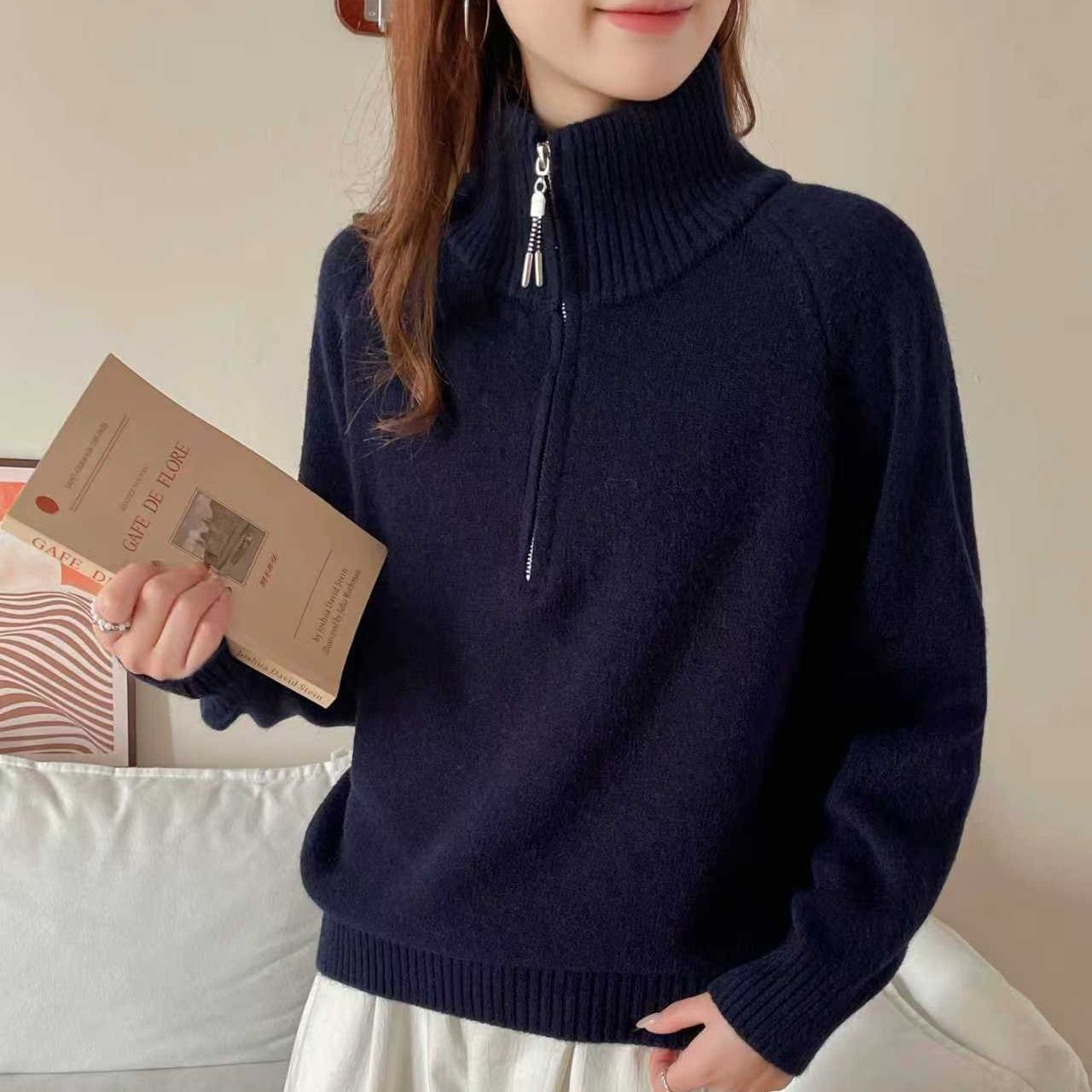 Damen Pullover Stehkragen Kuschelig Grün