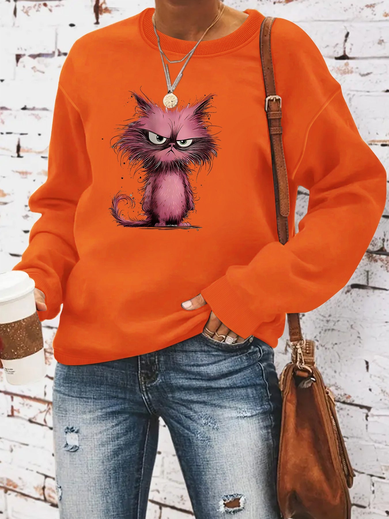 Damen Sweatshirt Katzenmotiv Eveloria Weiss