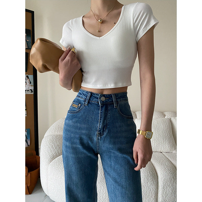 Damen Crop- Kurzärmlig V-Ausschnitt Eveloria