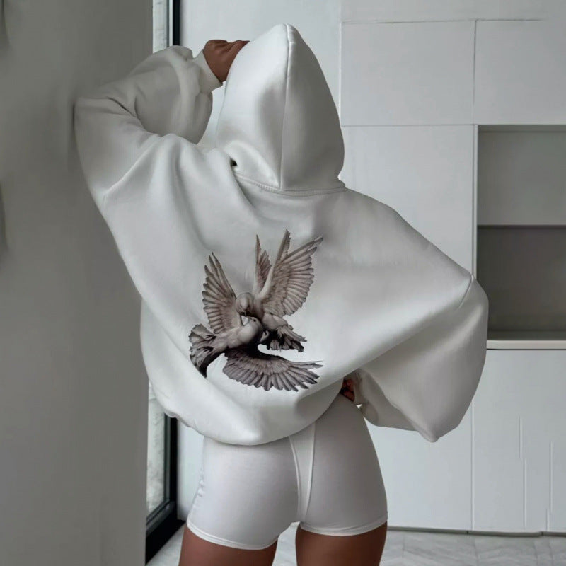 Damen Kapuzensweater Vogelmotiv Entspannter Schnitt