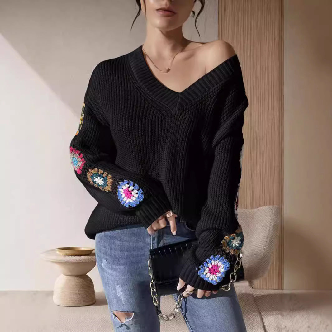 Damen Strickpullover mit Häkelmotiven und einzigartigem Schnitt