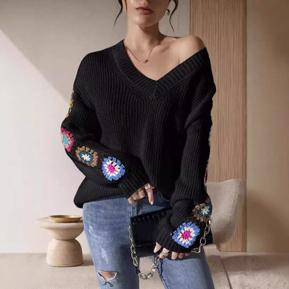 Damen Strickpullover mit Häkelmotiven und einzigartigem Schnitt