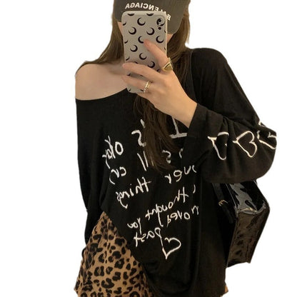 Damen Oversized Oberteil Off-Shoulder Design mit Schriftzug