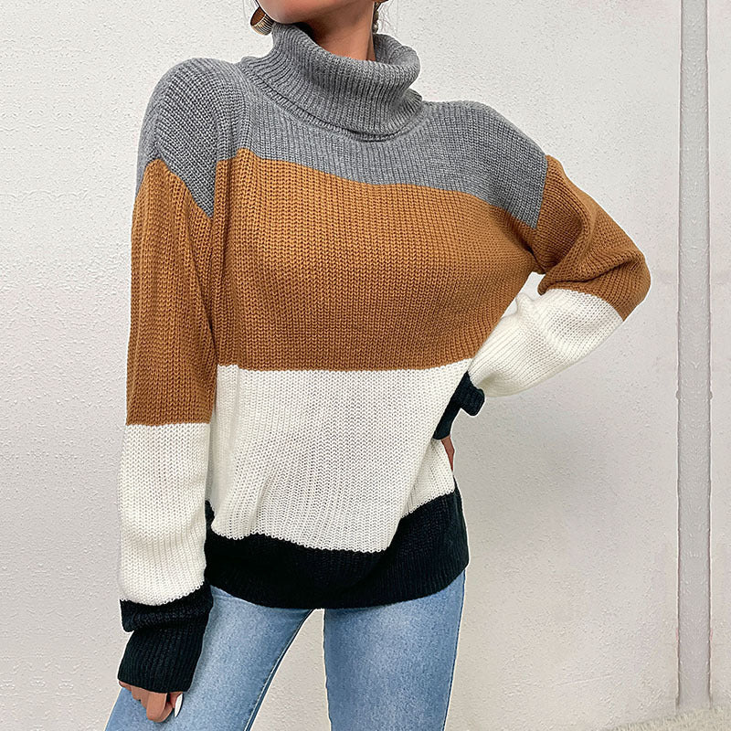 Damen Strickpullover Hochkragen Farbblockdesign Eveloria