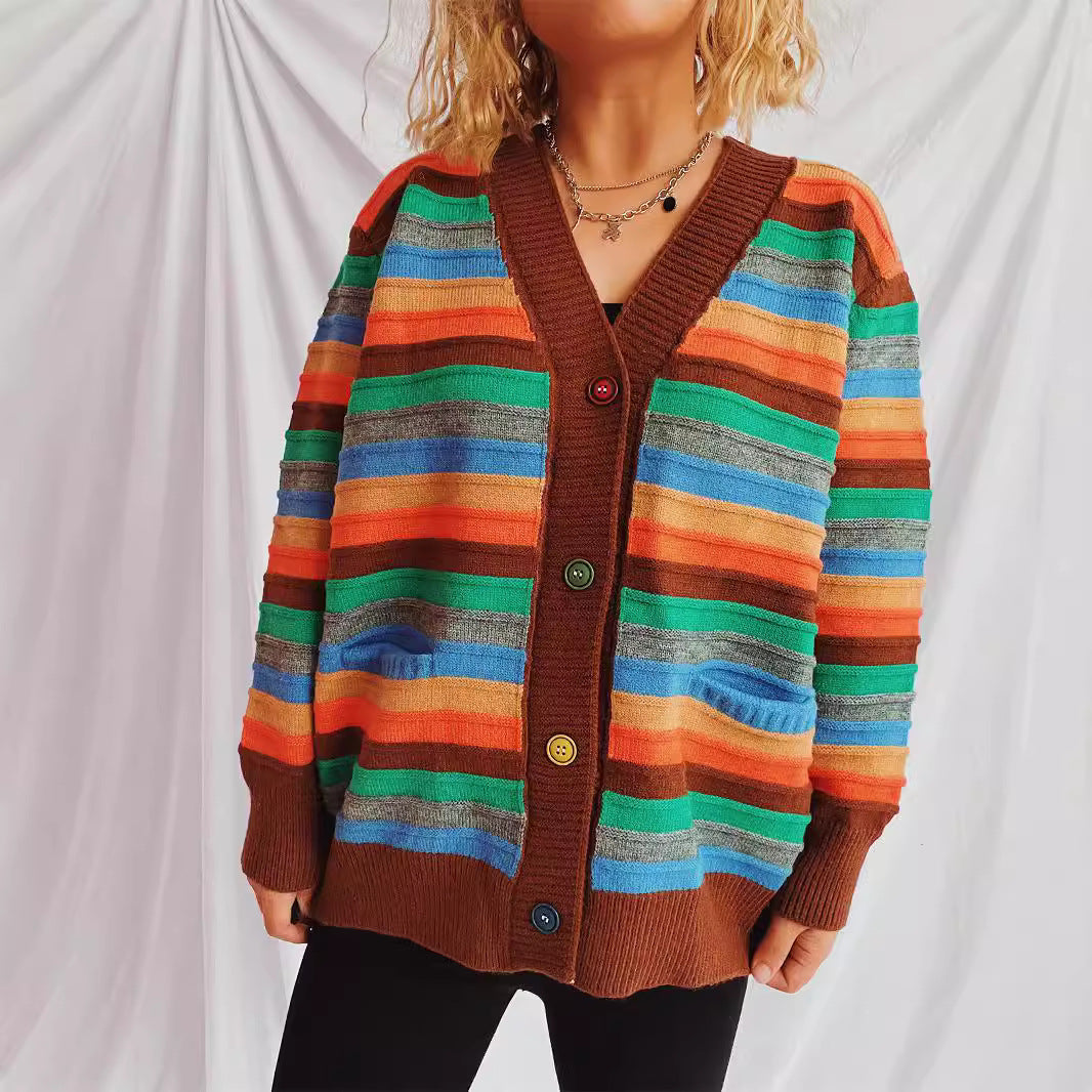 Damen Strickjacke Bunt Streifenmuster Locker Eveloria