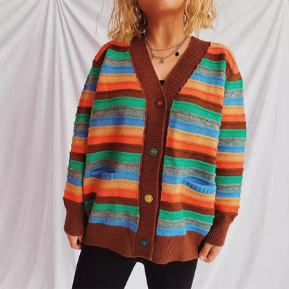Damen Strickjacke Bunt Streifenmuster Locker Eveloria