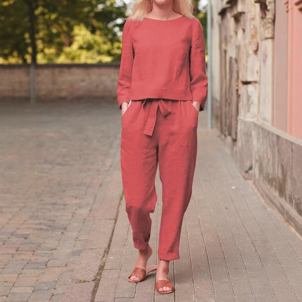 Damen Leinen-Set Zweiteilig mit Oberteil und Hose Beige