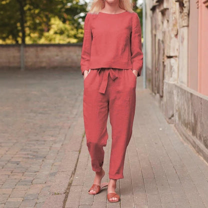 Damen Leinen-Set Zweiteilig mit Oberteil und Hose Beige