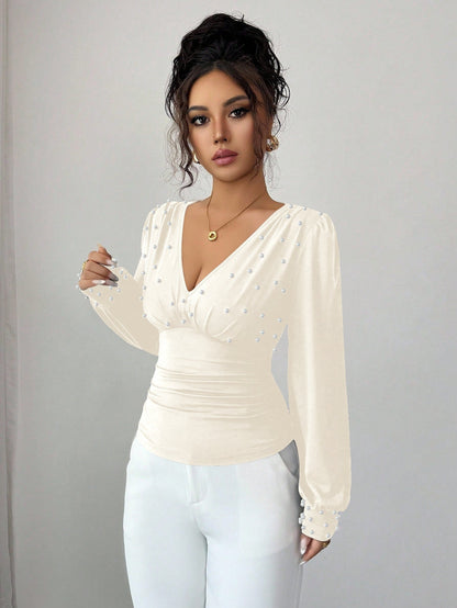 Damen Blusenshirt V-Ausschnitt Verzierung Eveloria