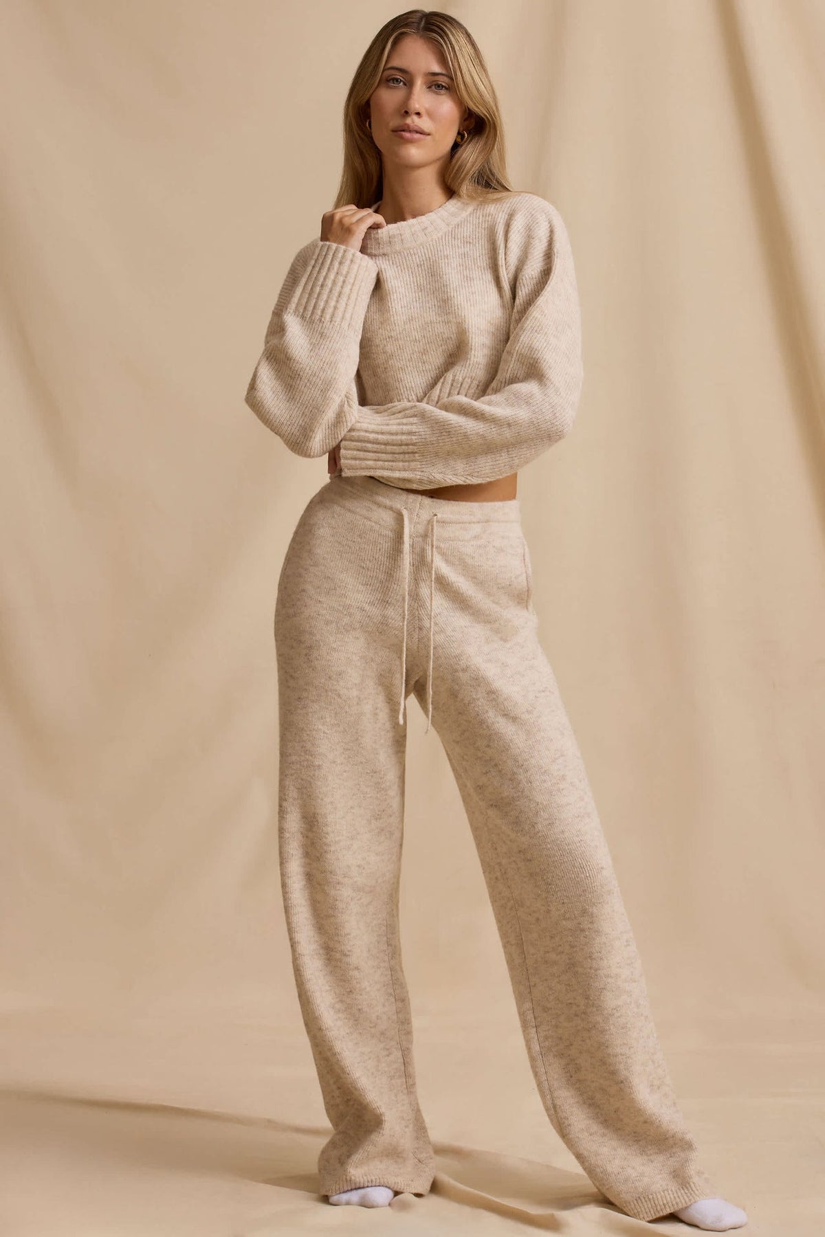 Damen Strick-Set Cropped Pullover Weite Hose Beige
