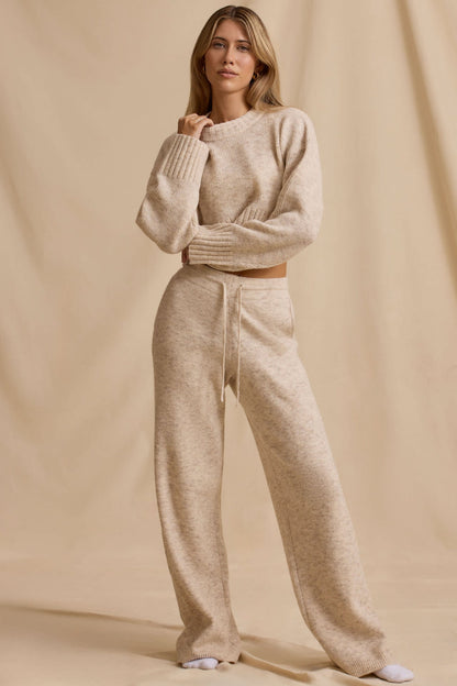 Damen Strick-Set Cropped Pullover Weite Hose Beige