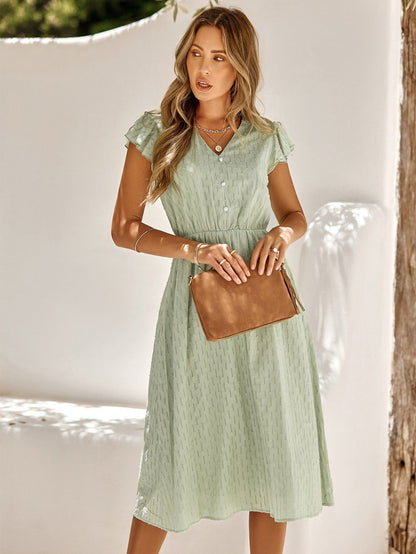 Damen Midi-Kleid Faltendetails Puffärmel Eveloria