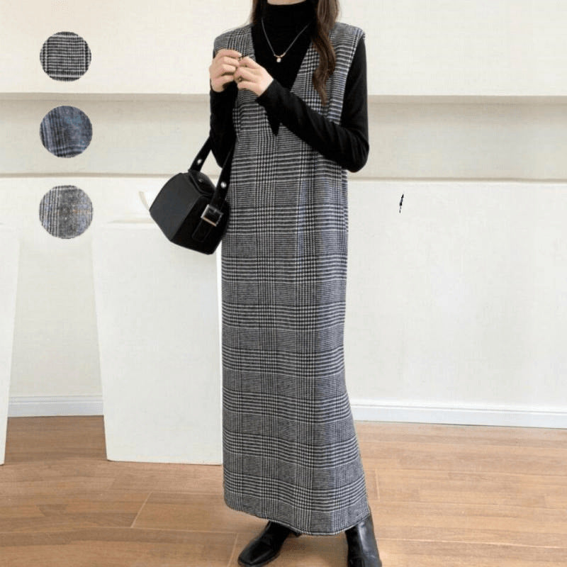 Damen Maxikleid Karomuster V-Ausschnitt Eveloria - Eveloria