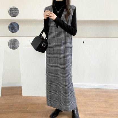 Damen Maxikleid Karomuster V-Ausschnitt Eveloria - Eveloria