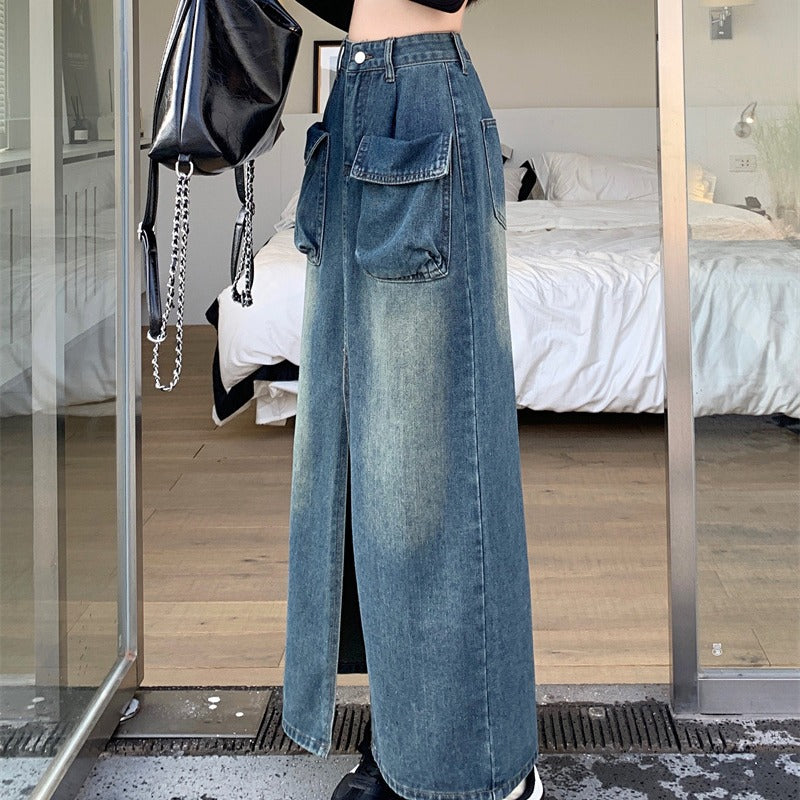 Damen Denimrock Lang Mit Taschen Blau Eveloria
