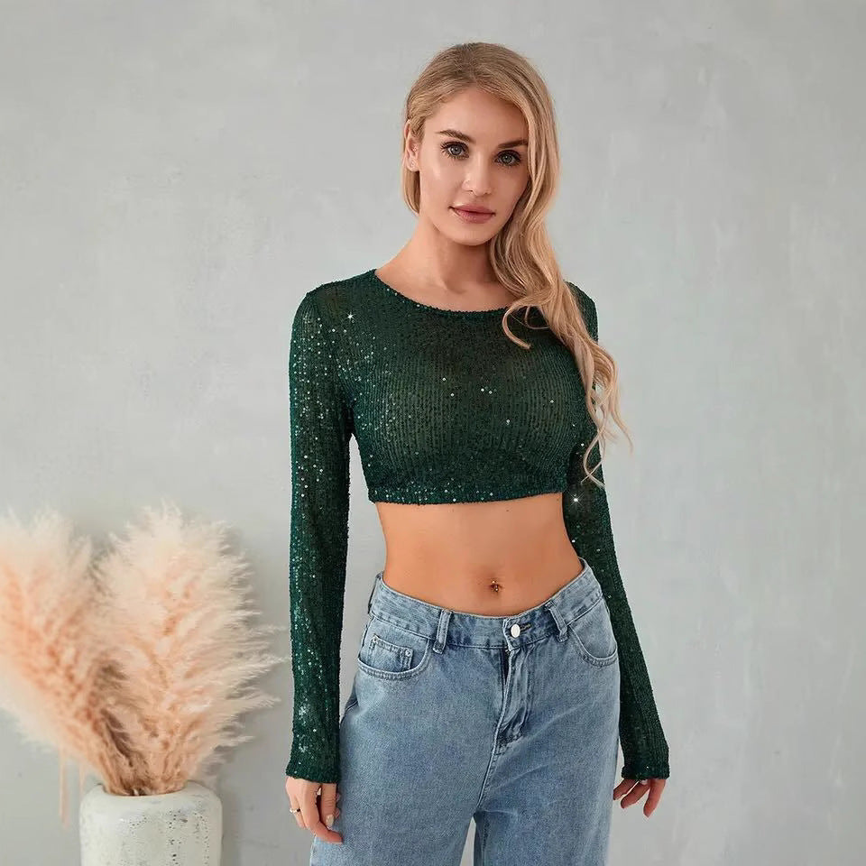 Damen Glitzerndes Langarm-Crop- Figurbetont Eveloria