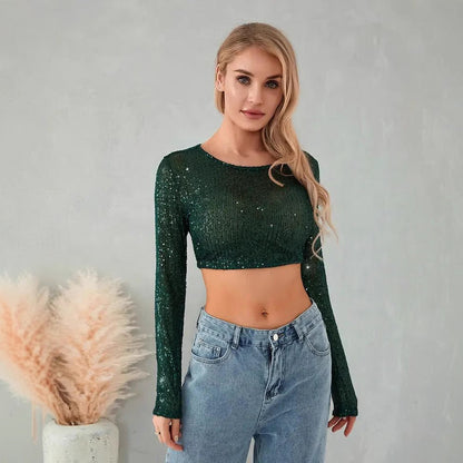 Damen Glitzerndes Langarm-Crop- Figurbetont Eveloria
