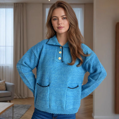 Damen Strickpullover Lässig Knöpfe Taschen Beige