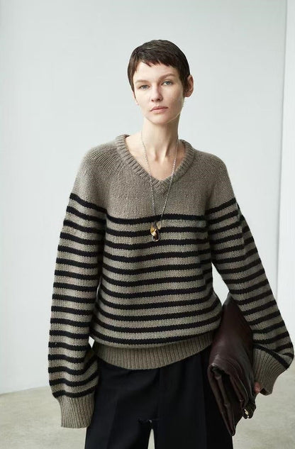 Damen Pullover V-Ausschnitt Streifenmeliert Grau