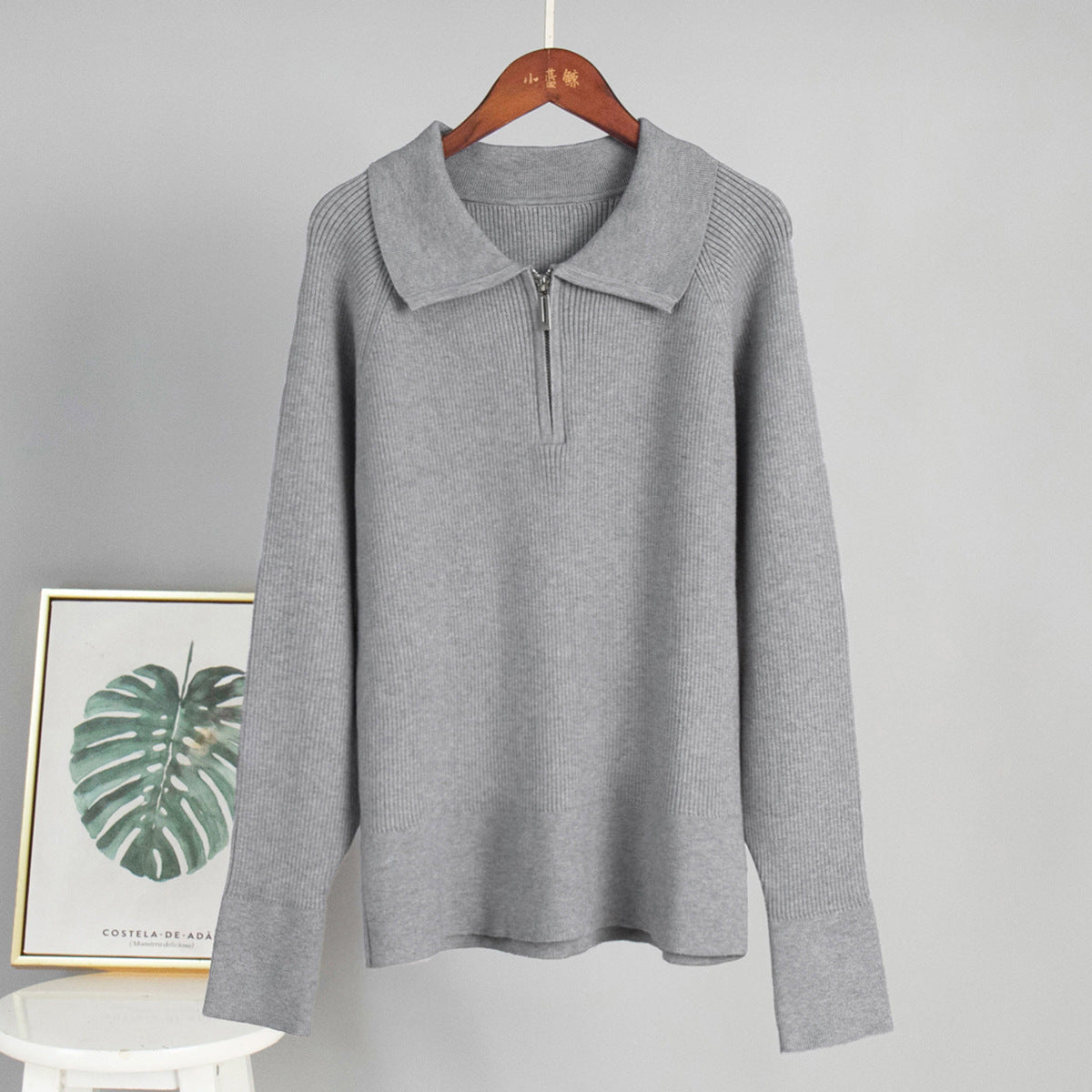 Damen Rippstrickpullover Weiches Baumwollmix Grau