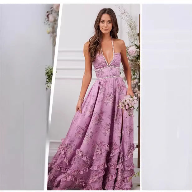 Damen Maxikleid V-Ausschnitt Floralmuster Rüschen - Eveloria