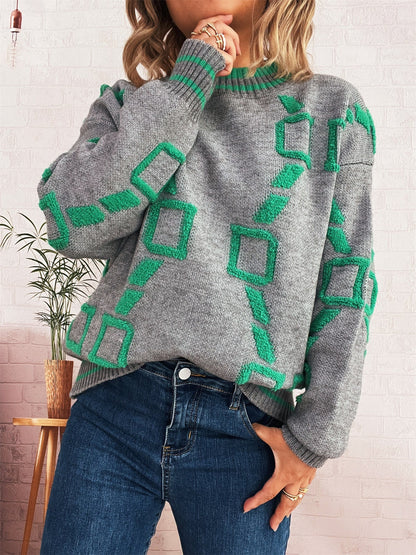 Damen Strickpullover Geometrisches Muster Bequem Grau