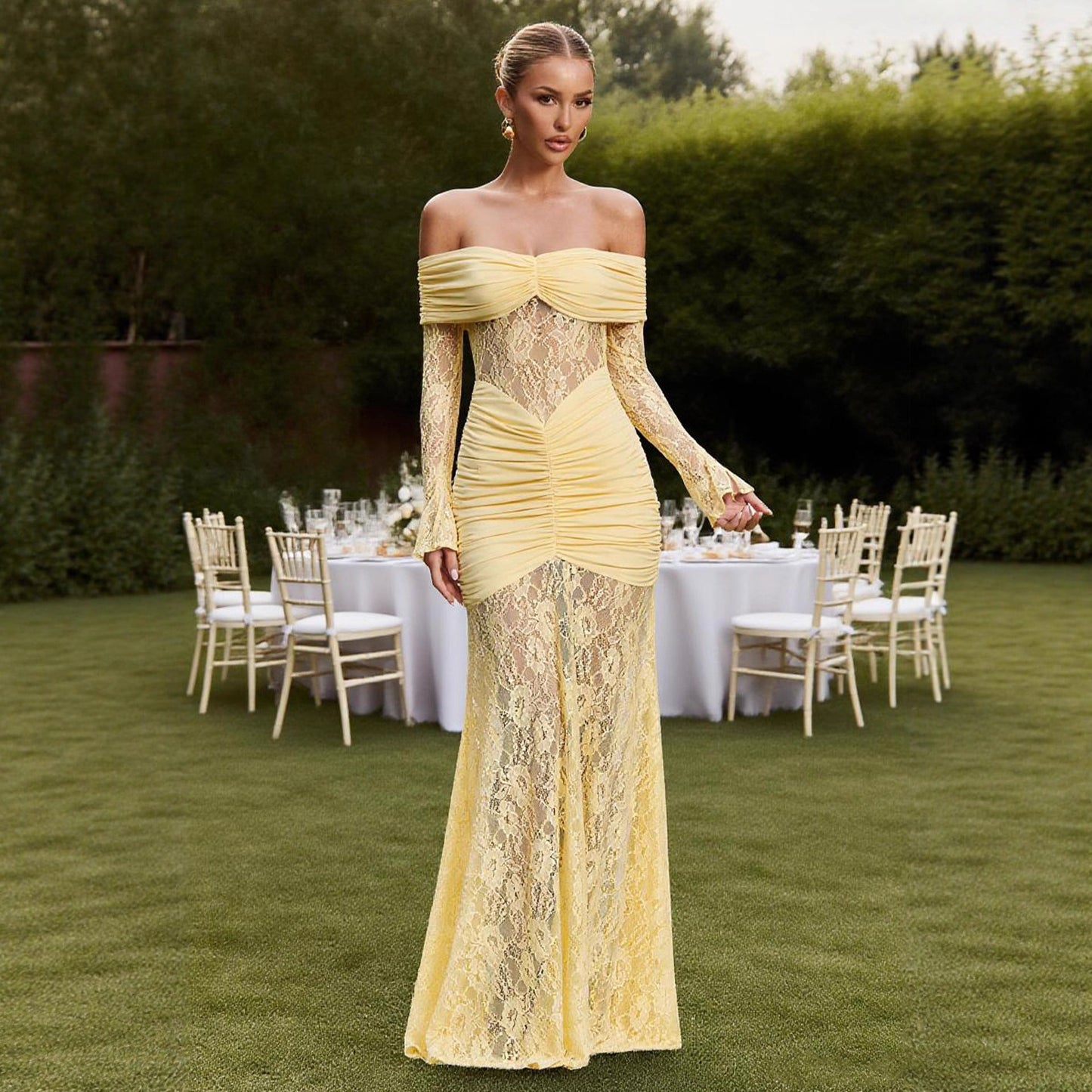 Damen Maxikleid Spitze Raffiniert Schulterfrei
