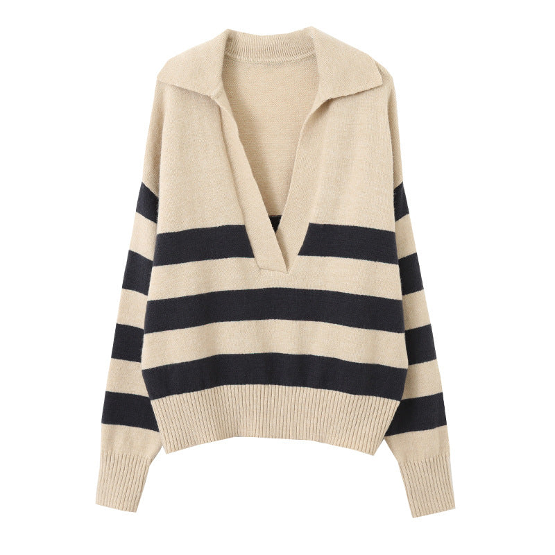 Damen Strickpullover V-Ausschnitt Streifen