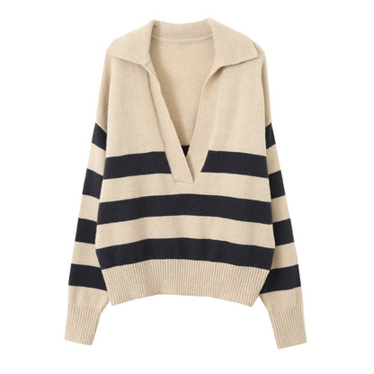 Damen Strickpullover V-Ausschnitt Streifen