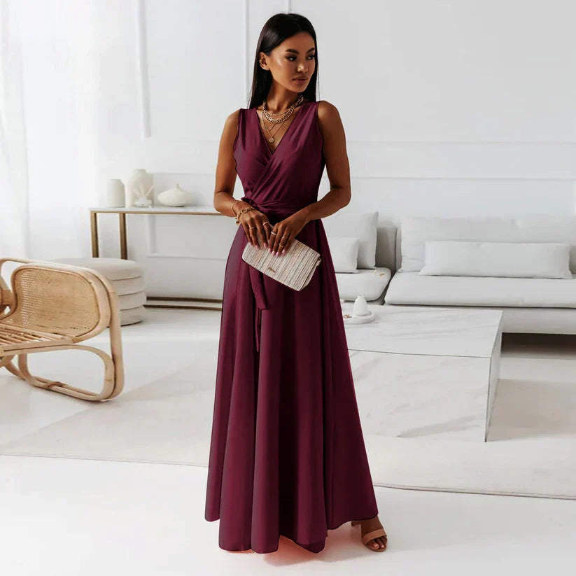 Damen Einfarbiges Langkleid V-Ausschnitt