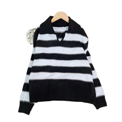 Damen Pullover Gestreift Elastischer Bund Moderner Polokragen