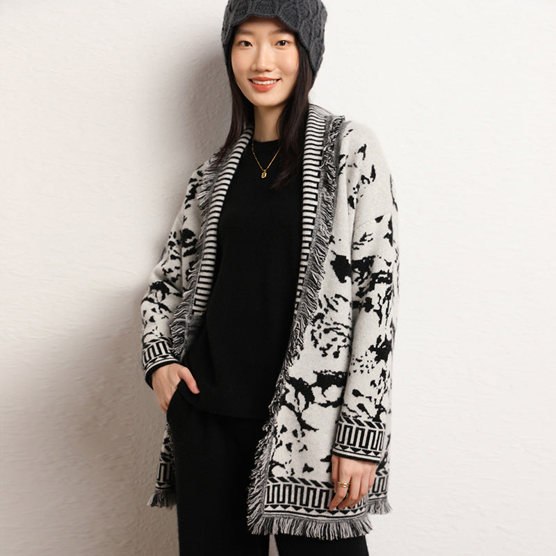 Damen Strickjacke Grafisches Muster Fransen