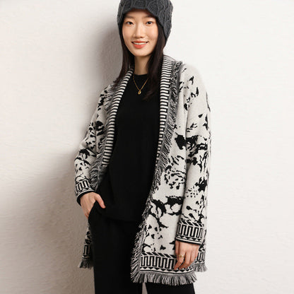 Damen Strickjacke Grafisches Muster Fransen