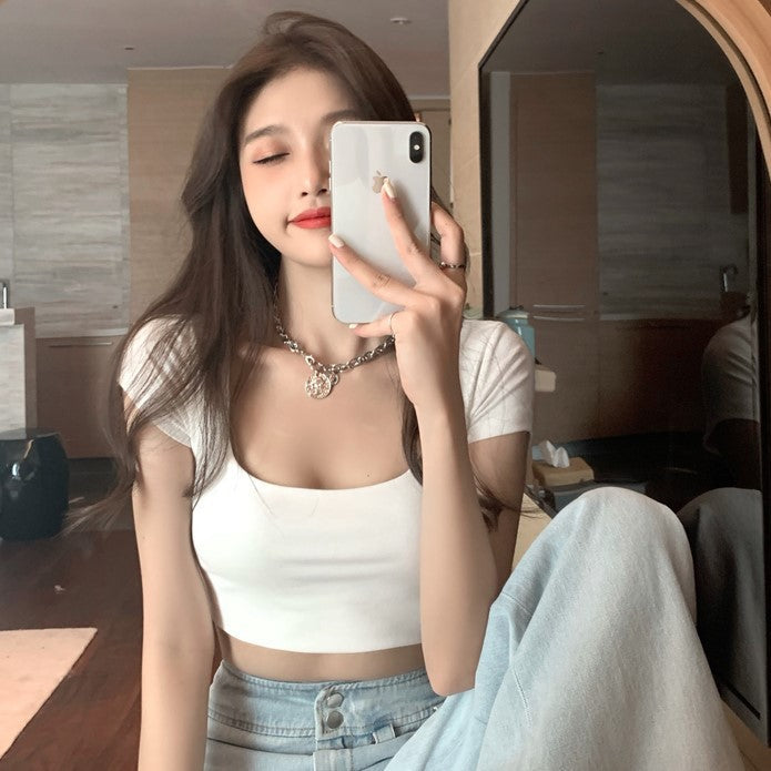 Damen Crop- Rundhals Atmungsaktives Jersey