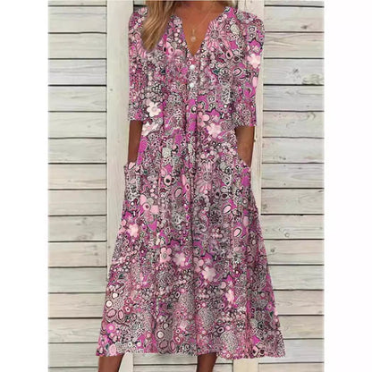 Eveloria Damen Midi Kleid mit Taschen Blumenmuster