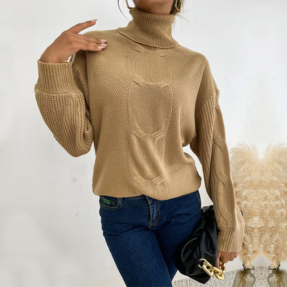 Damen Pullover Grobstrick Hochkragen Beige Eveloria