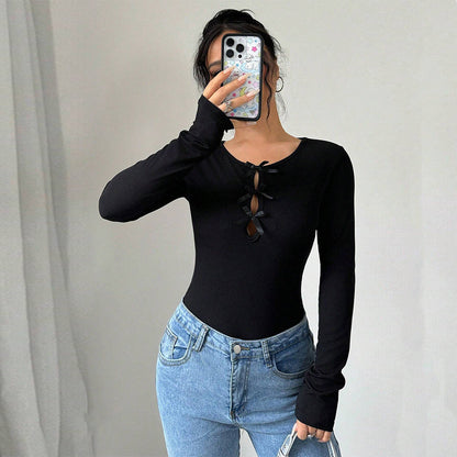 Damen Bodysuit Langarm mit Schleifen Dekoration Eveloria - Eveloria