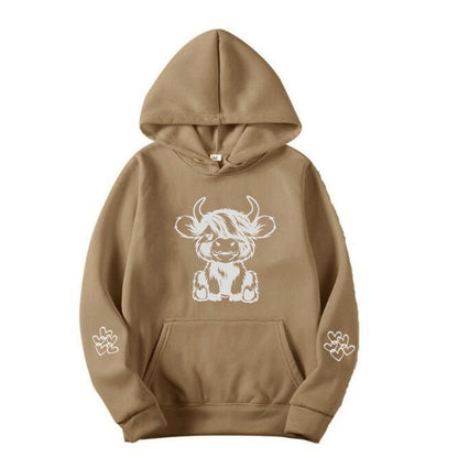 Damen Kapuzensweater Kuhmotiv Baumwolle Kängurutaschen Beige