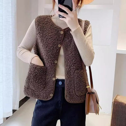 Damen Teddy-Fleeceweste mit Taschen und Knopfverschluss