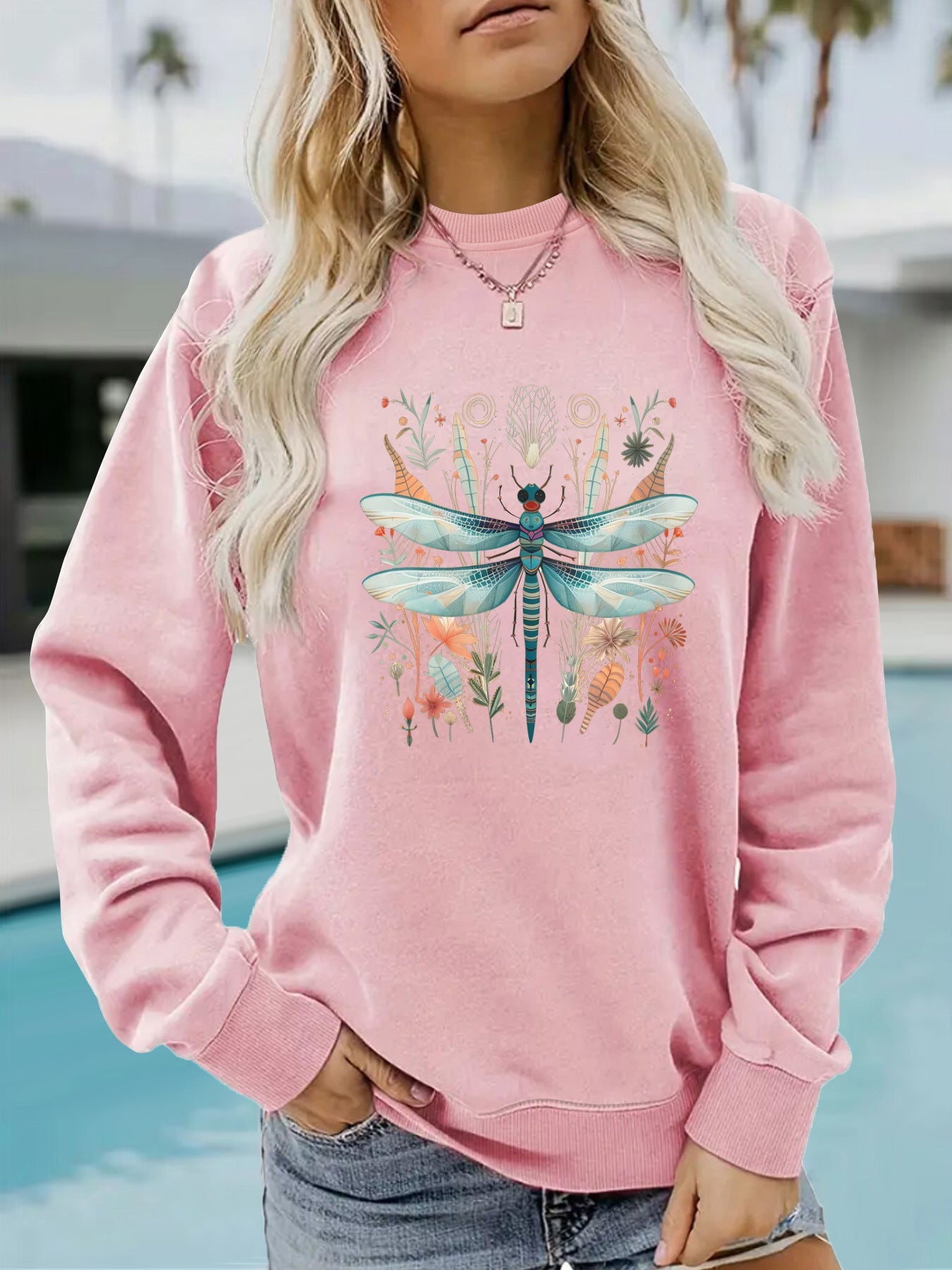 Damen Sweatshirt Libellen-Print Baumwolle Grün