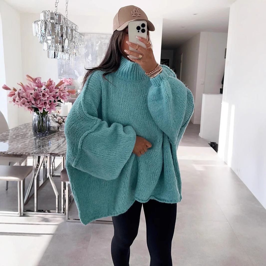 Damen Oversized Strickpullover Hoher Kragen Ballonärmel Eveloria