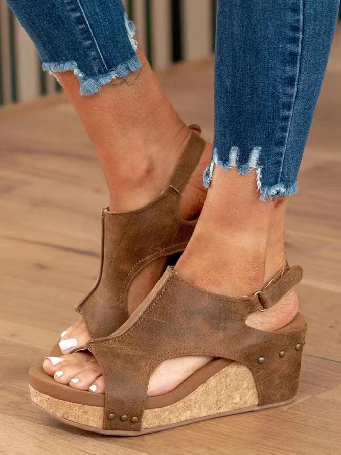 Damen Keilabsatz Sandalen Fischmund Plattform Leder