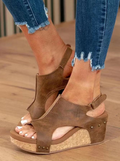 Damen Keilabsatz Sandalen Fischmund Plattform Leder