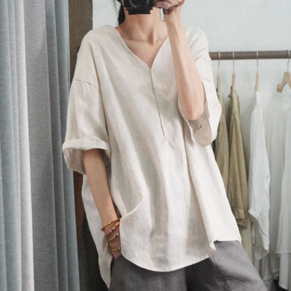 Damen Leinen T-Shirt Oversized V-Ausschnitt Beige - Eveloria