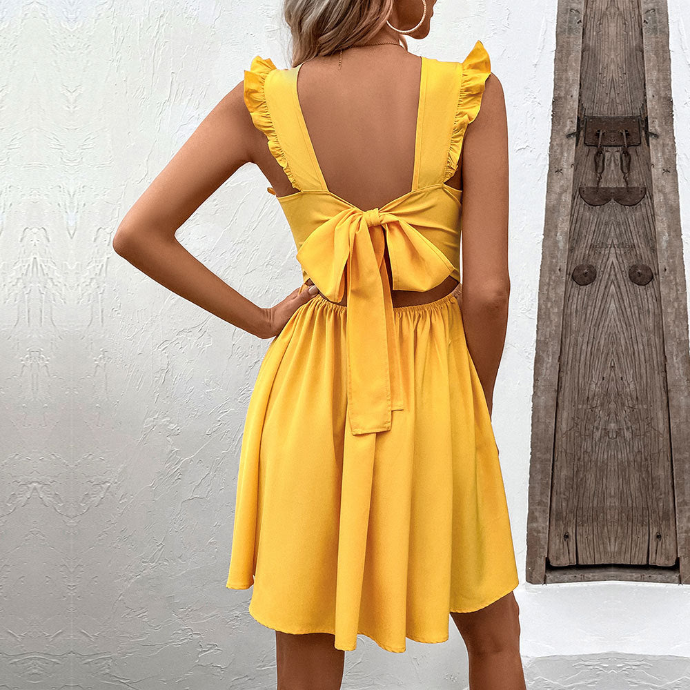 Damen Minikleid Sommer Rüschendetails V-Ausschnitt Eveloria - Eveloria
