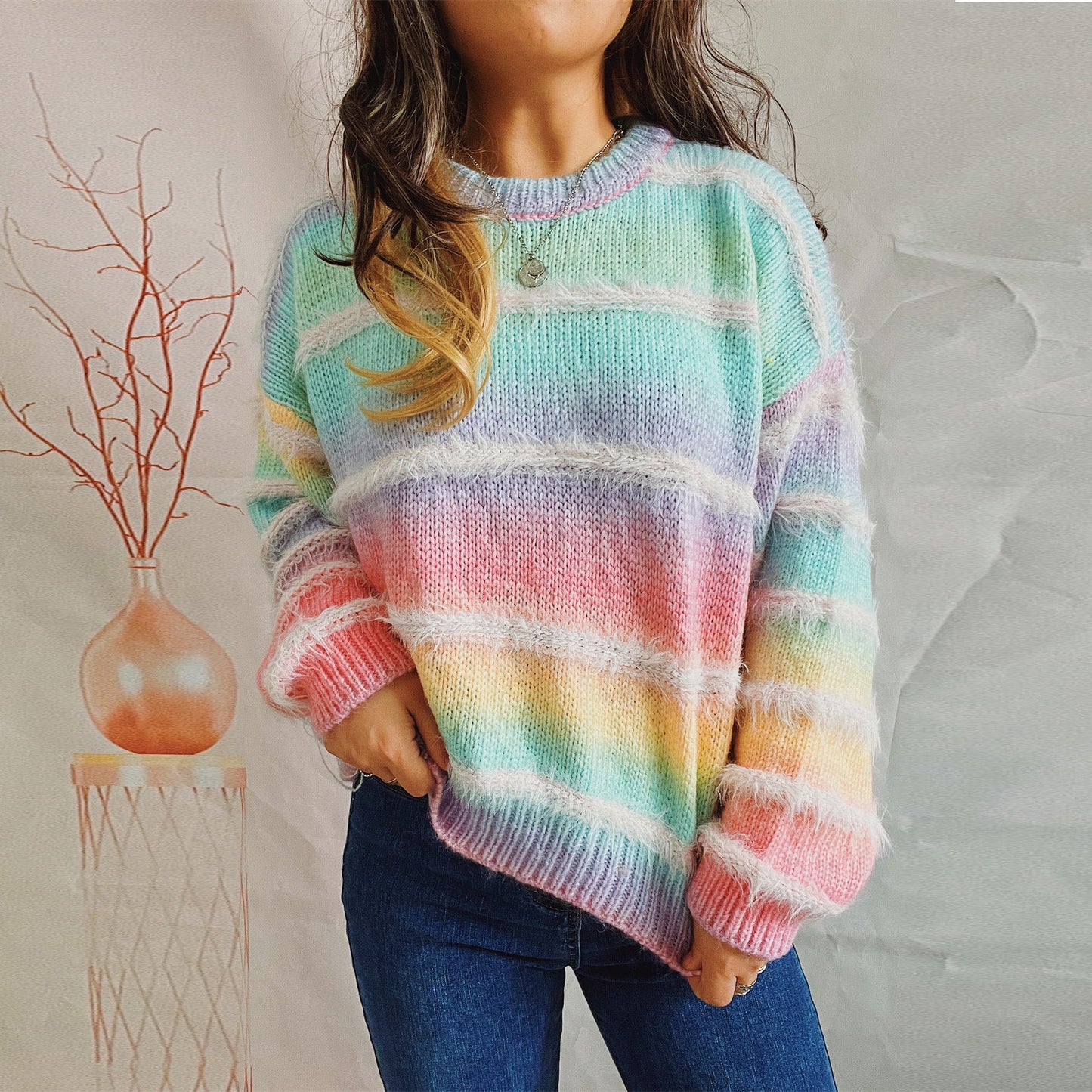 Damen Strickpullover Flauschig mit Farbverlauf Eveloria - Eveloria